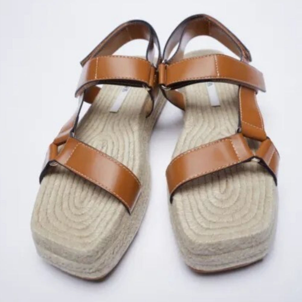 ZARA Women's Tan Jute Faux Leather Slingback Strappy Platform Sandals Brown 39